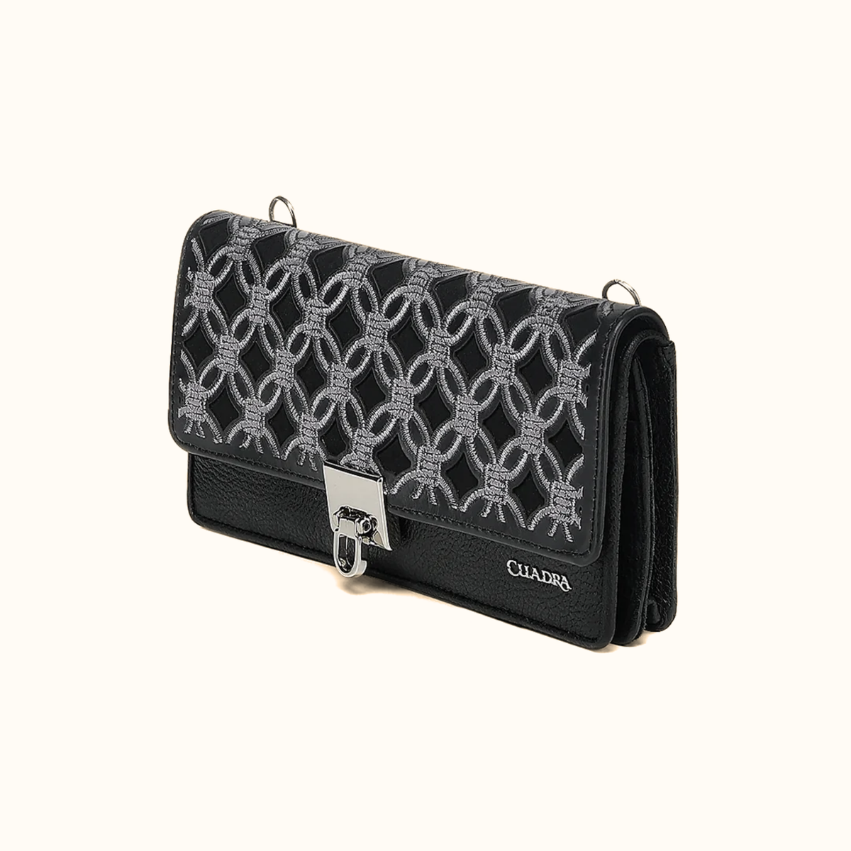 Cuadra women’s black embroidered leather wallet angled view