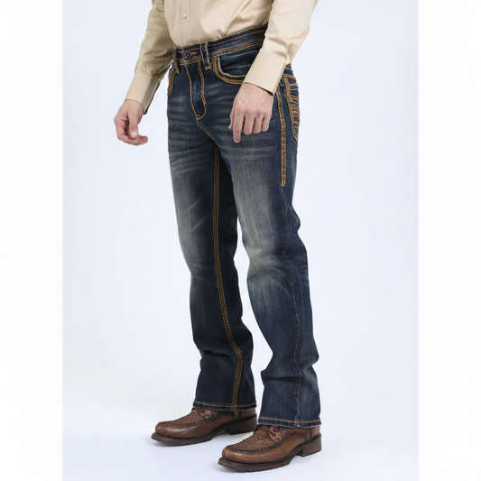 Side profile view of Platini Holt Men’s Dark Stone Slim Boot Cut Jeans