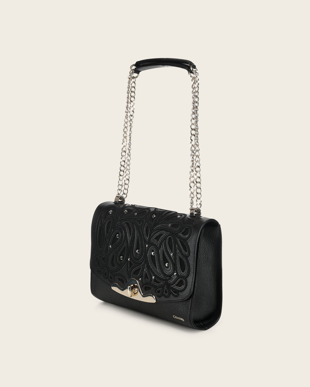 Cuadra Black Leather Crystal Shoulder Bag angled front view