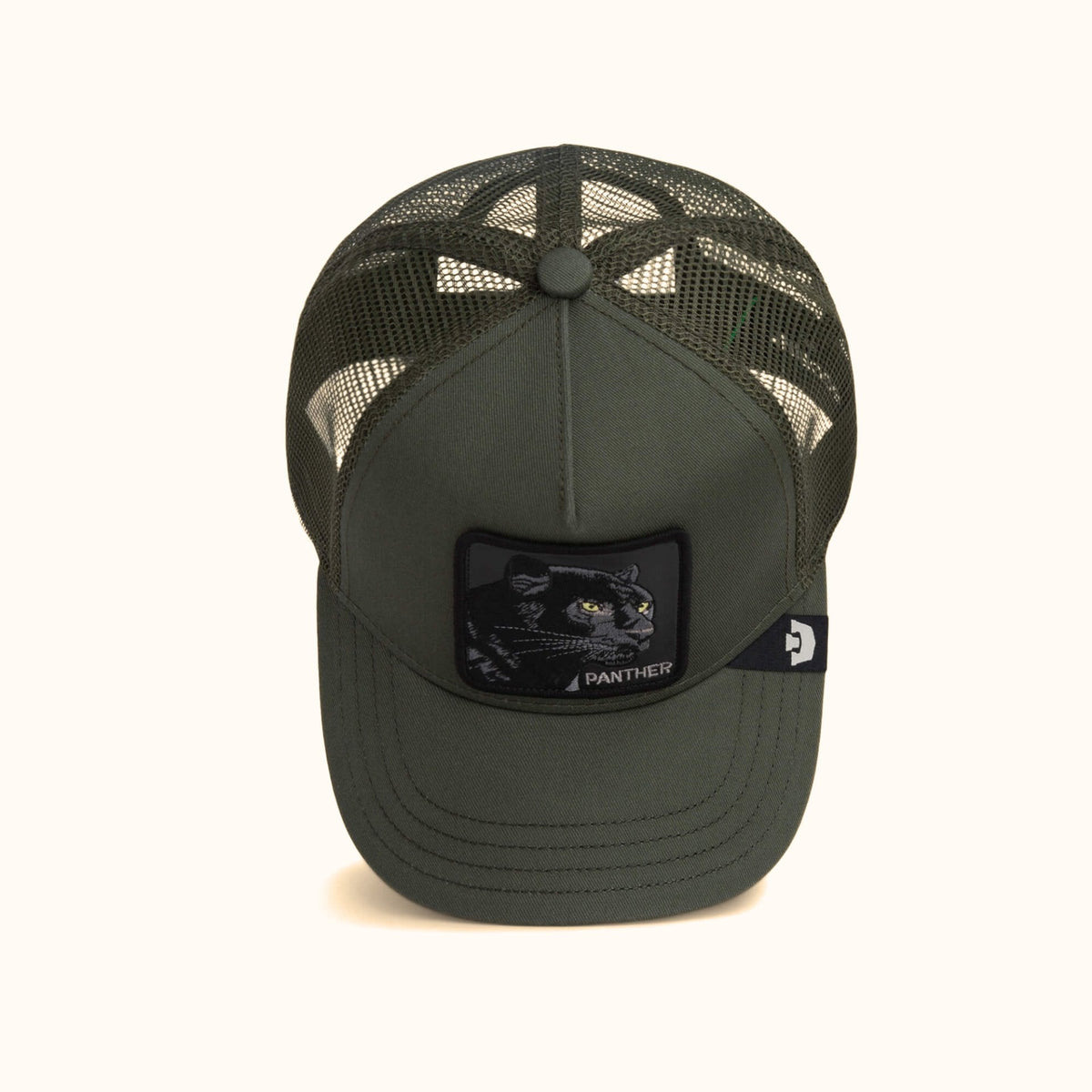 Goorin Panther olive trucker hat top view