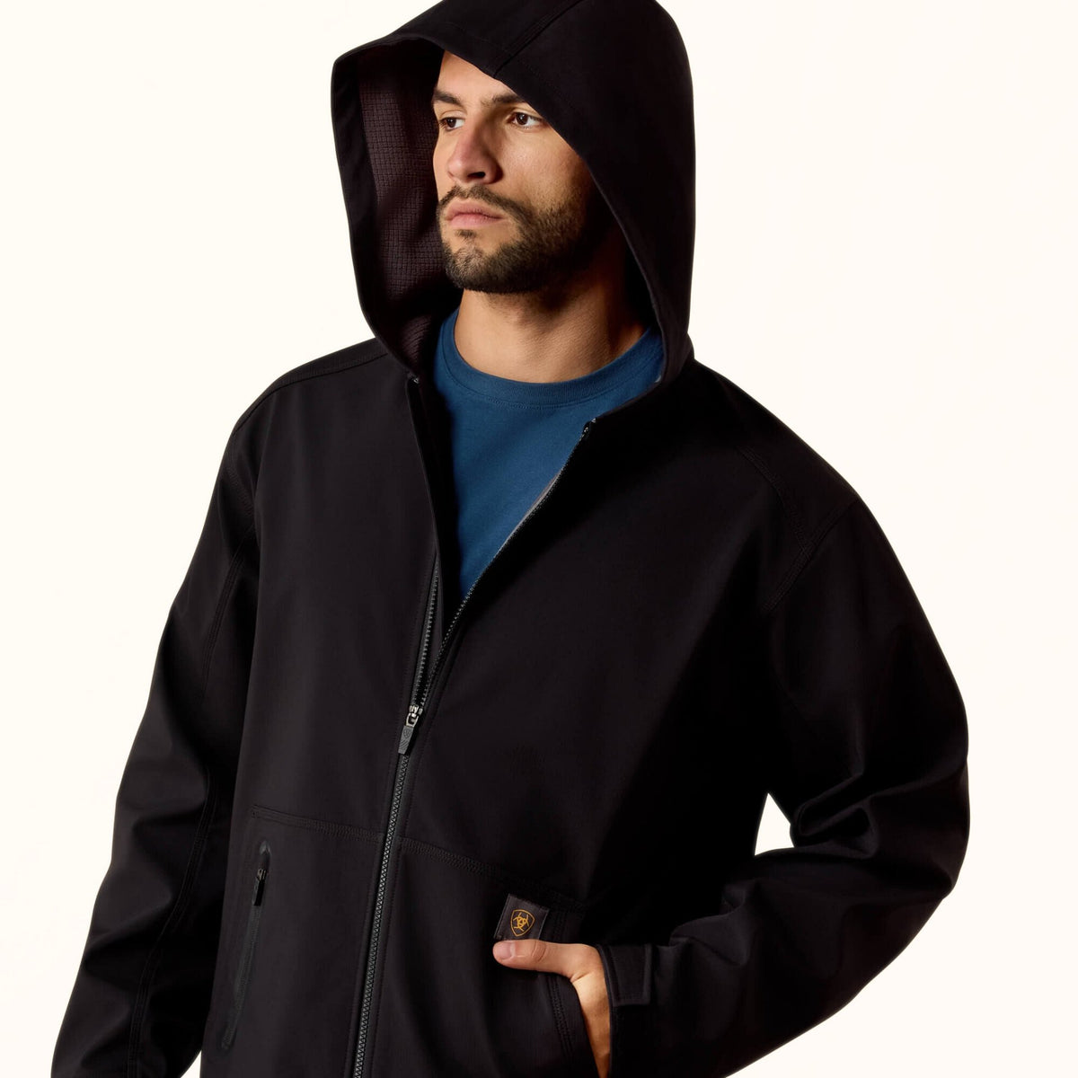 Ariat Rebar DuraStretch Utility Softshell Hoodie in black front hood view