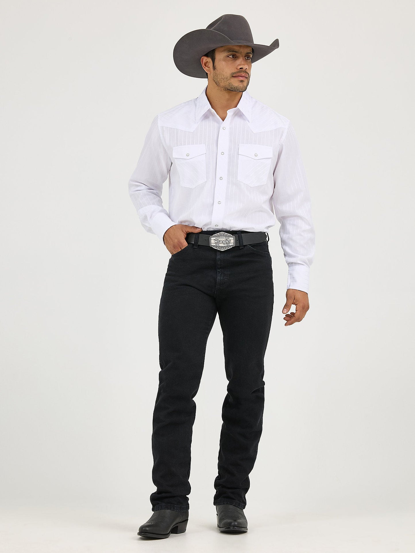 Front view of Wrangler Cowboy Cut Silver Edition Slim Fit Jeans in black