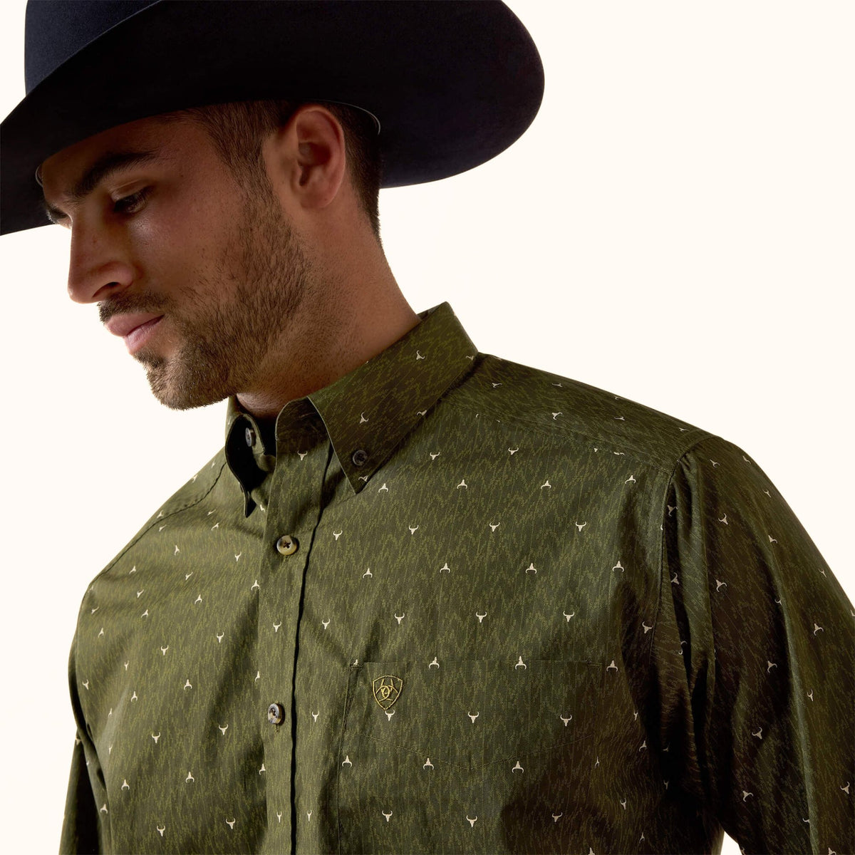 Ariat Chad Classic Fit Shirt green Western print front close-up view