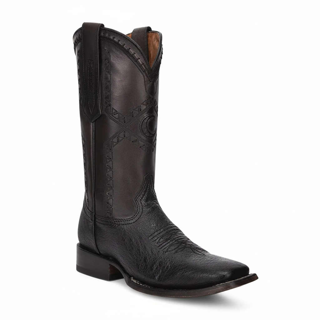 Cuadra Black Ostrich Laser & Woven Square Toe Boot front angle view