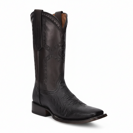 Cuadra Black Ostrich Laser & Woven Square Toe Boot front angle view