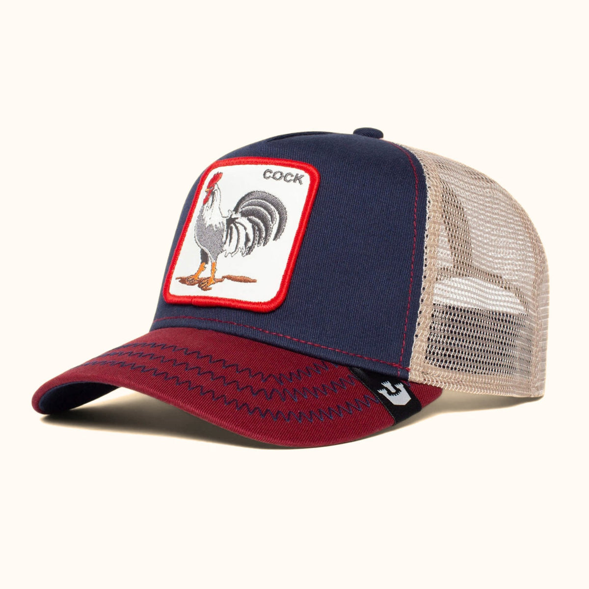 Goorin Bros. The Cock Rooster Trucker Hat navy red and white front angle view