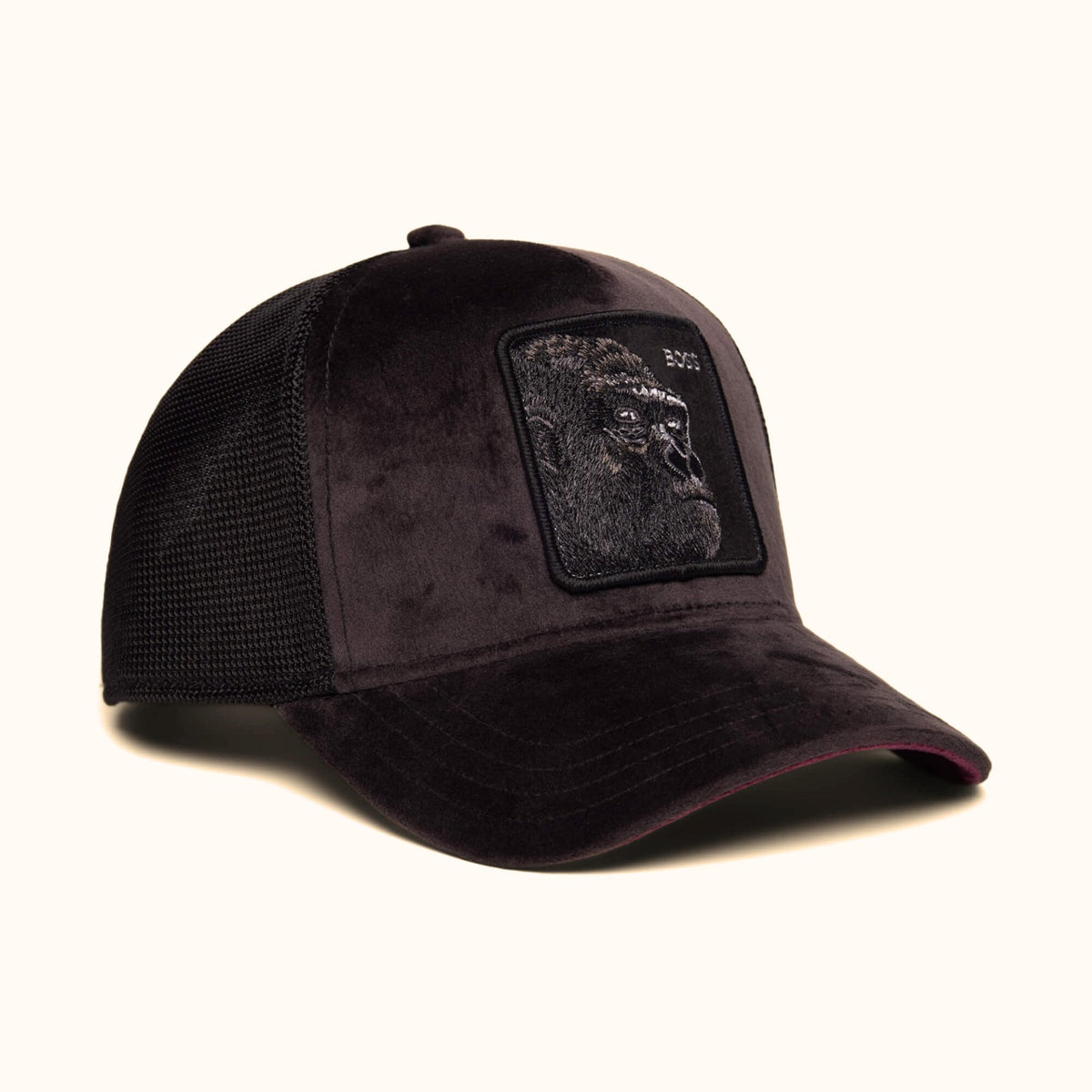 Goorin Bros. Velour Boss black trucker hat angle view