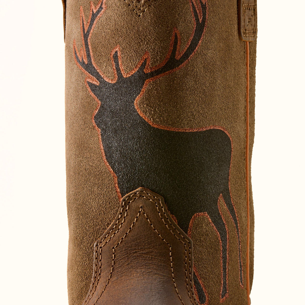 Ariat Trail Cam brown and orange Western boot front close-up view