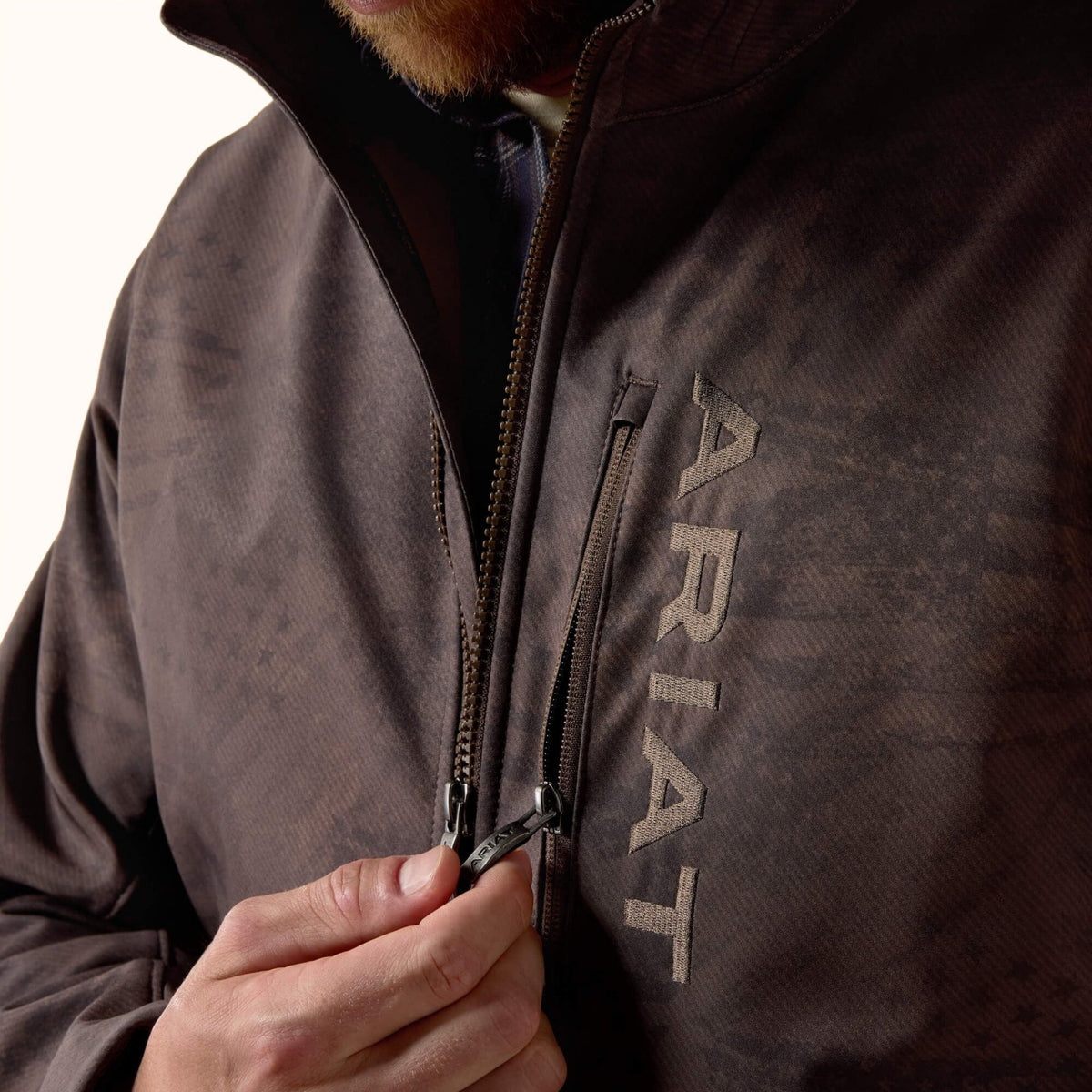 Ariat Patriot Flag brown softshell jacket front zipper view