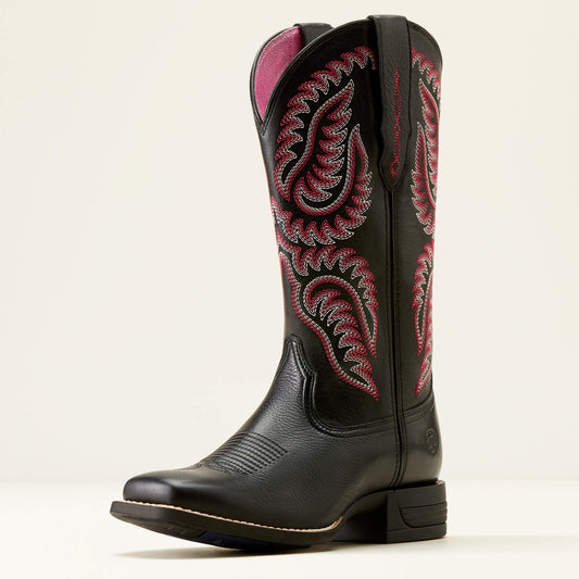 Ariat Cattle Caite Stretchfit Western Boot side view in black leather with pink stitched shaft