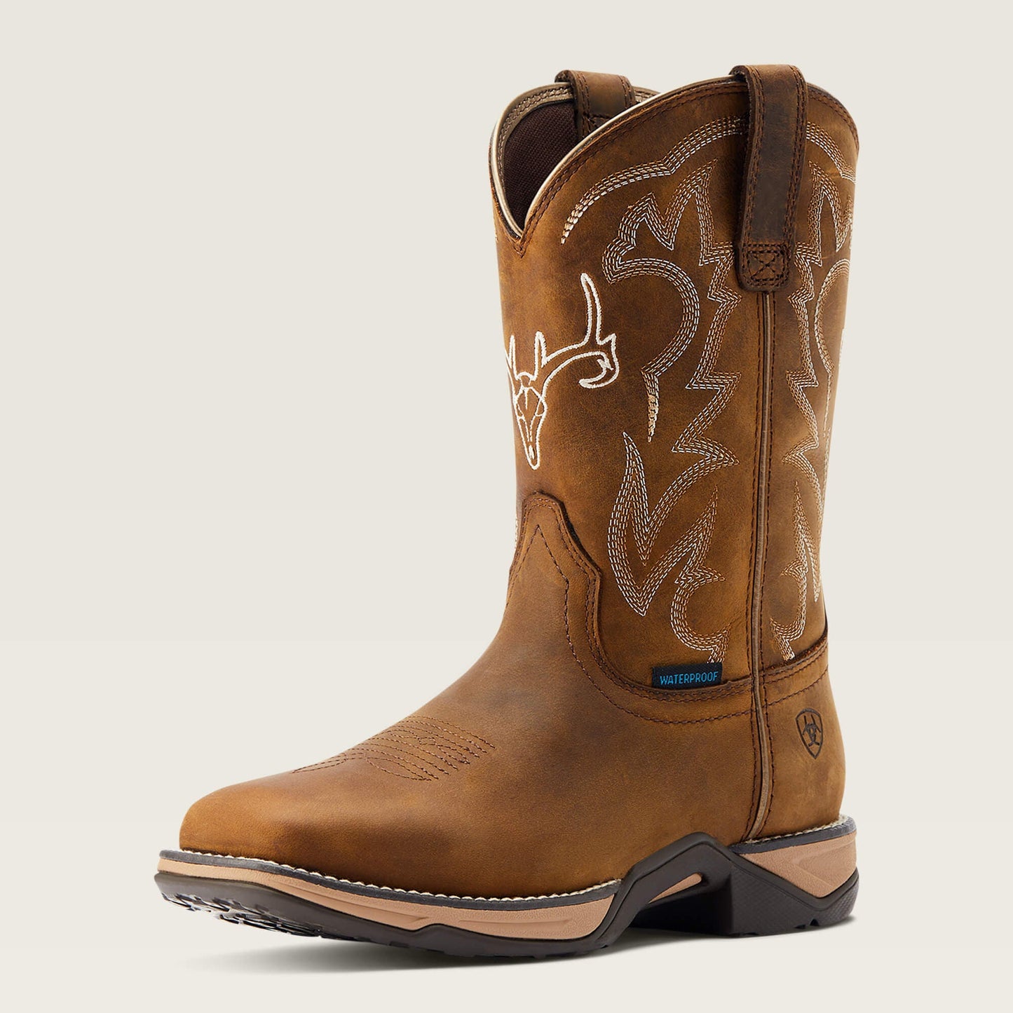 Front angled view of Ariat Anthem Deer Waterproof Western Boot in brown