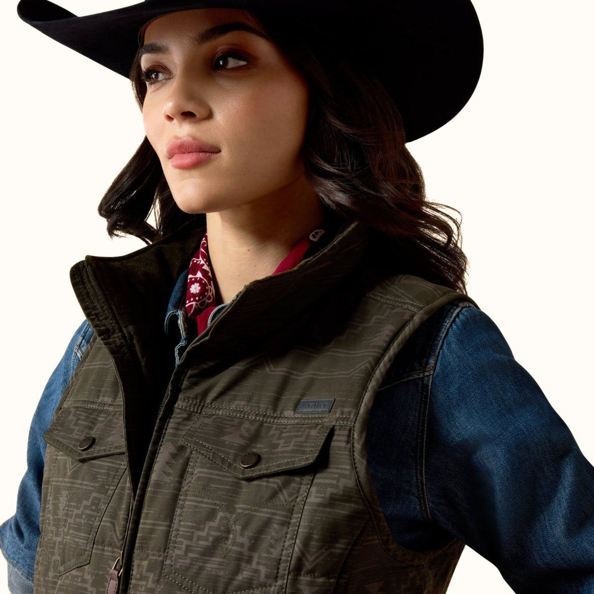 Ariat Grizzly Quilted Vest in brown front close-up view 