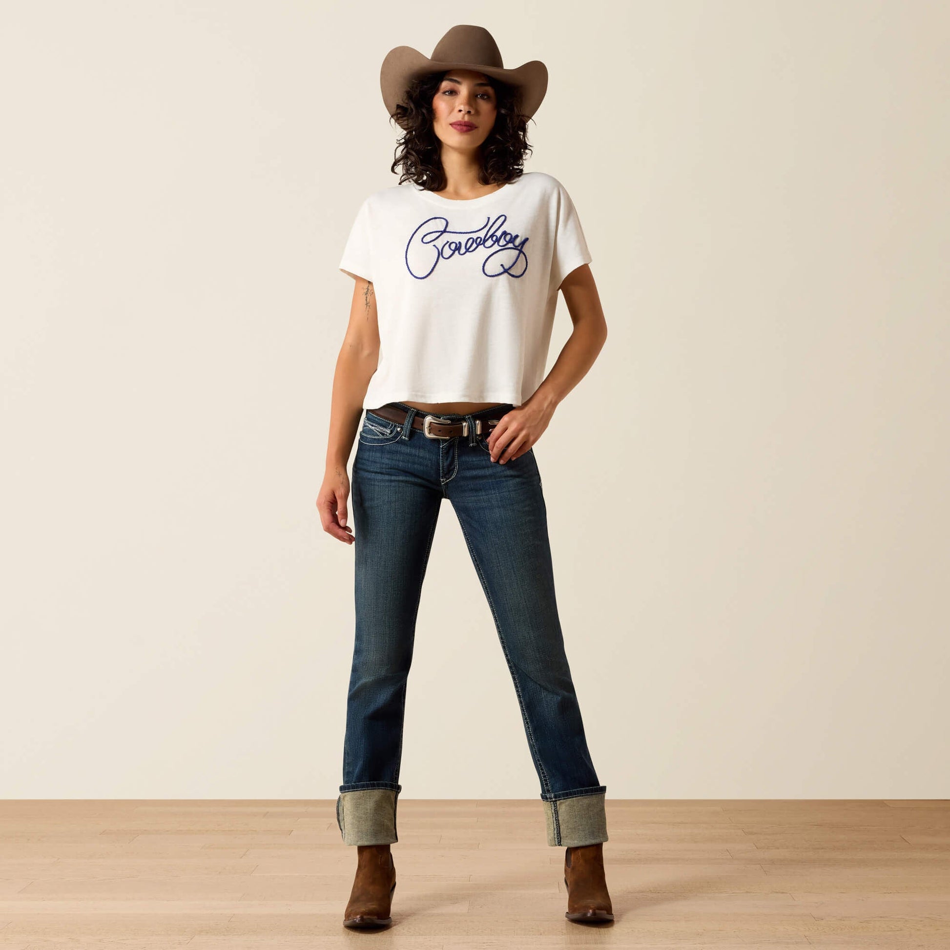 Ariat R.E.A.L. Mid Rise Stretch Icon Stackable Straight Leg Jean front view on model