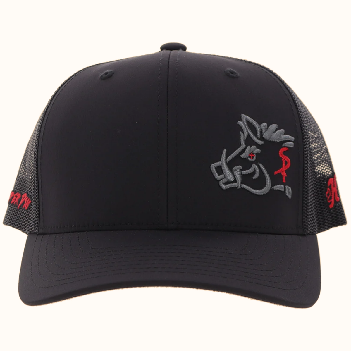 Hooey Sniper Pig black snapback hat front view with grey and red logo