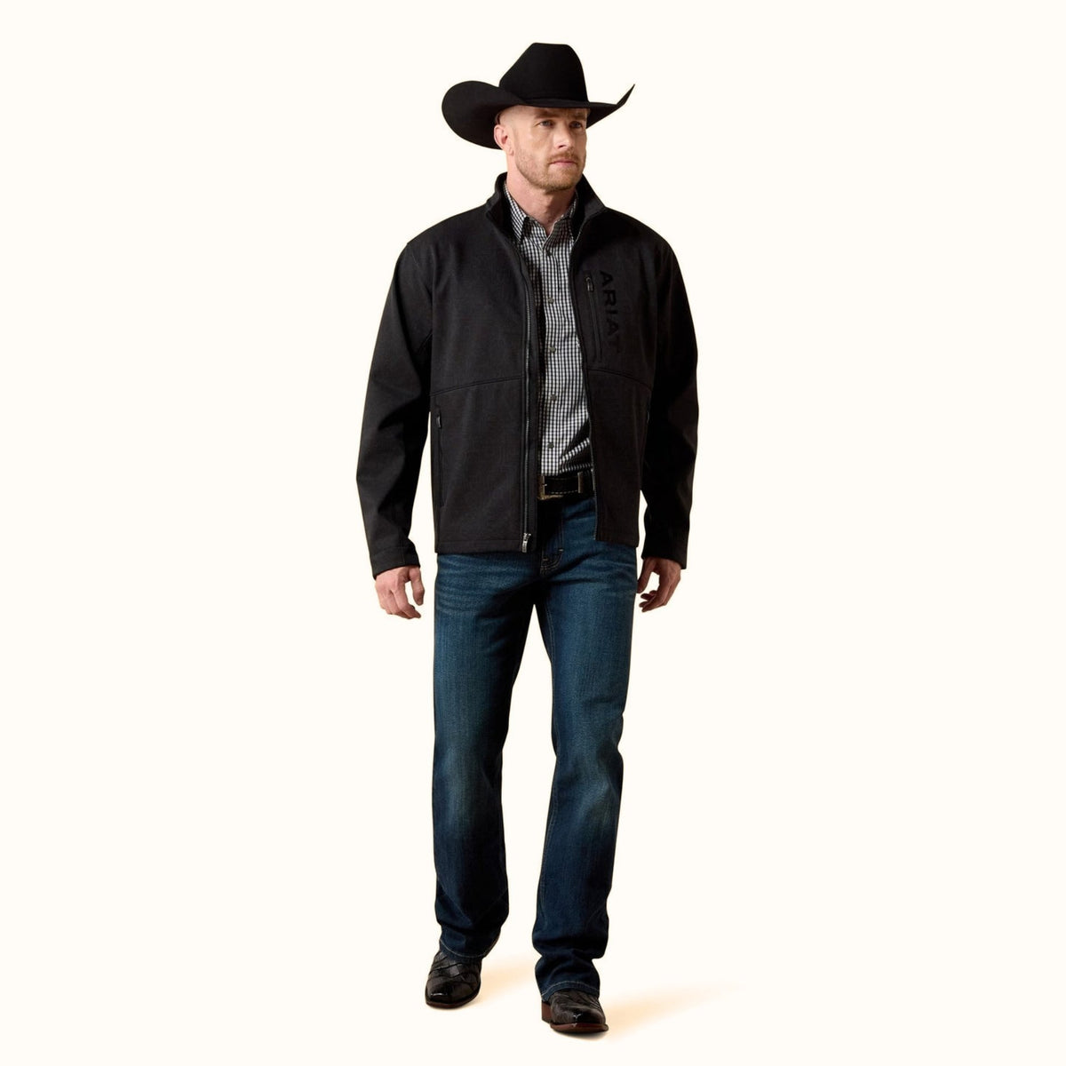 Ariat Chest Logo Softshell Jacket in black front full view