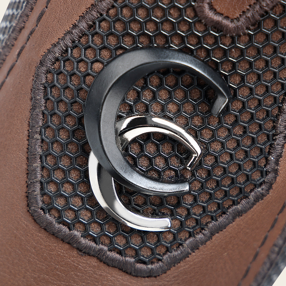 Close-up of leather and Cuadra logo detail on Cuadra Western Rodeo Honey Bovine Boot