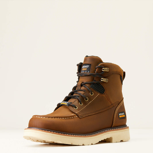 Ariat Rebar Lift 6 inch Waterproof Work Boot angled side view in brown leather