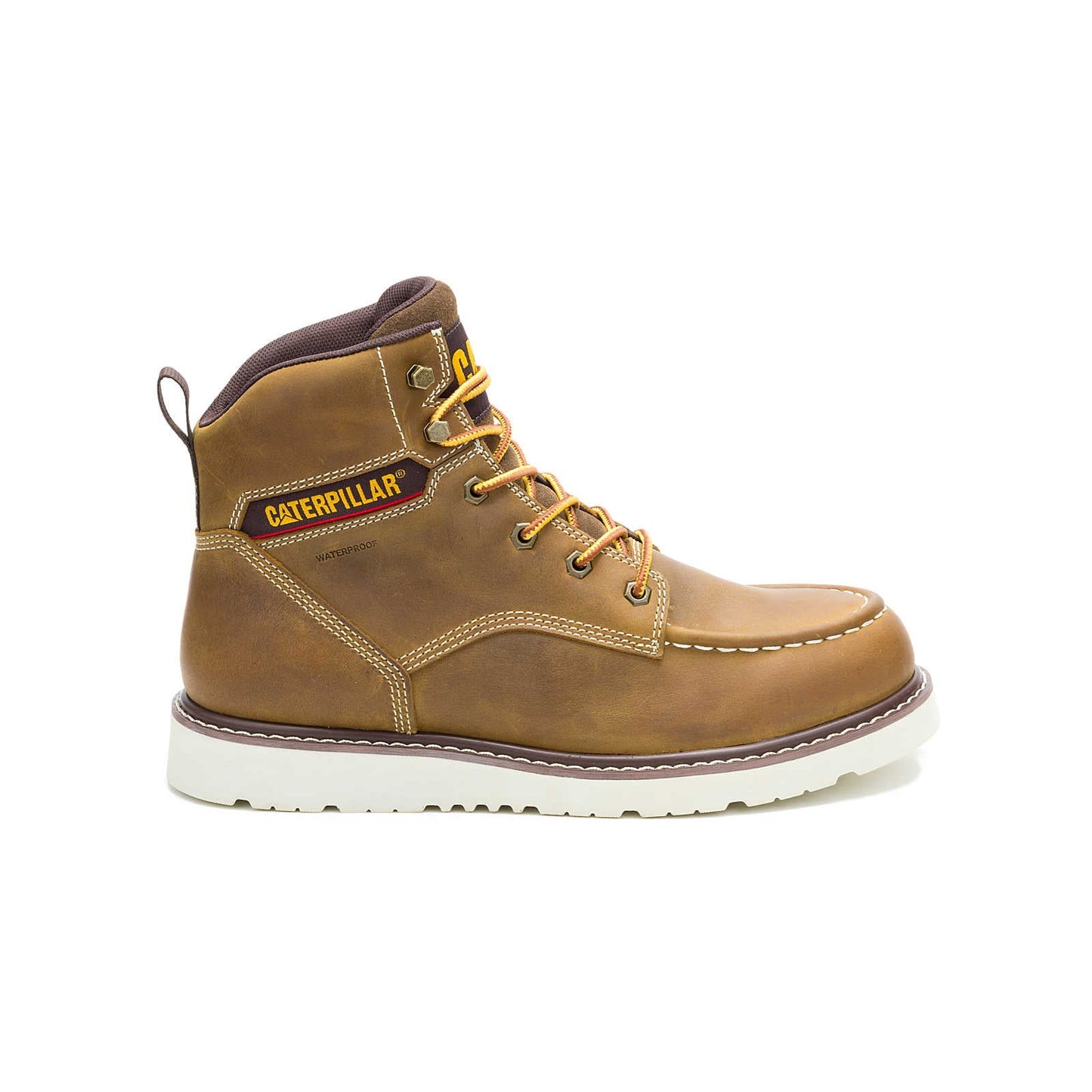 CAT Reclaimer waterproof wedge work boot brown leather side view