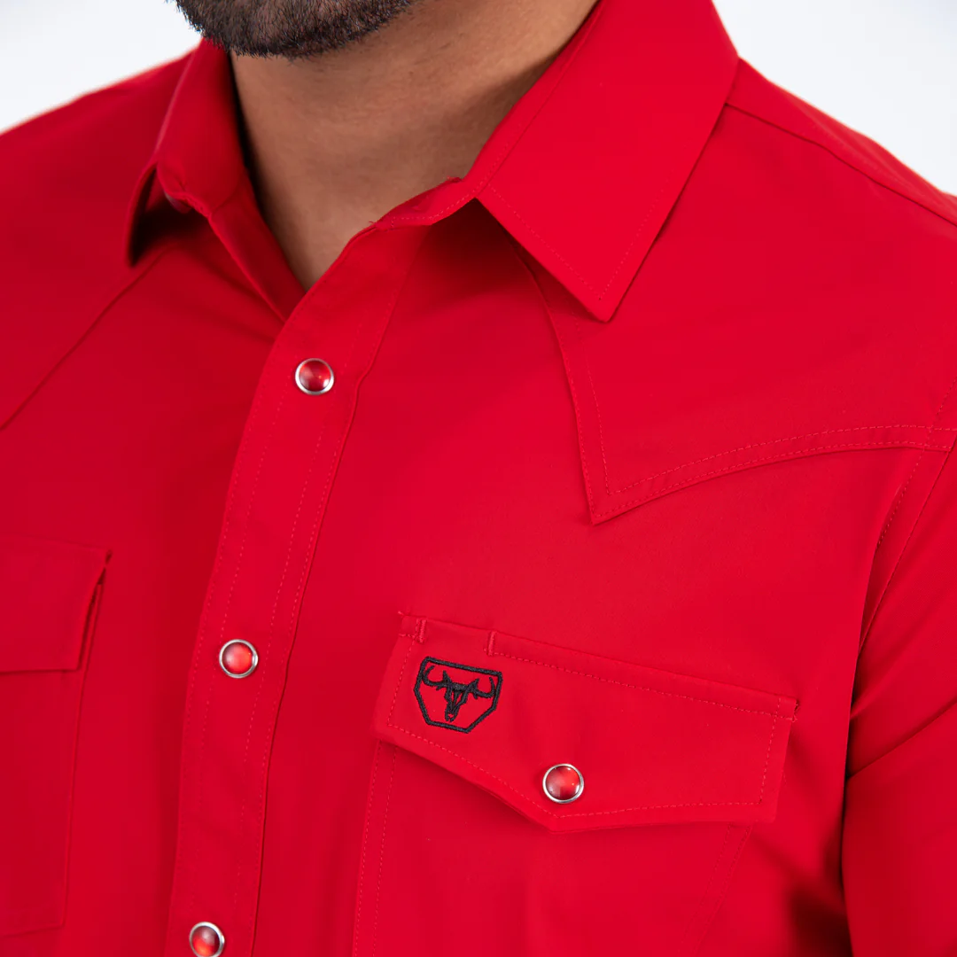 Platini Men’s Performance Western Short Sleeve Red Shirt chest pocket detail