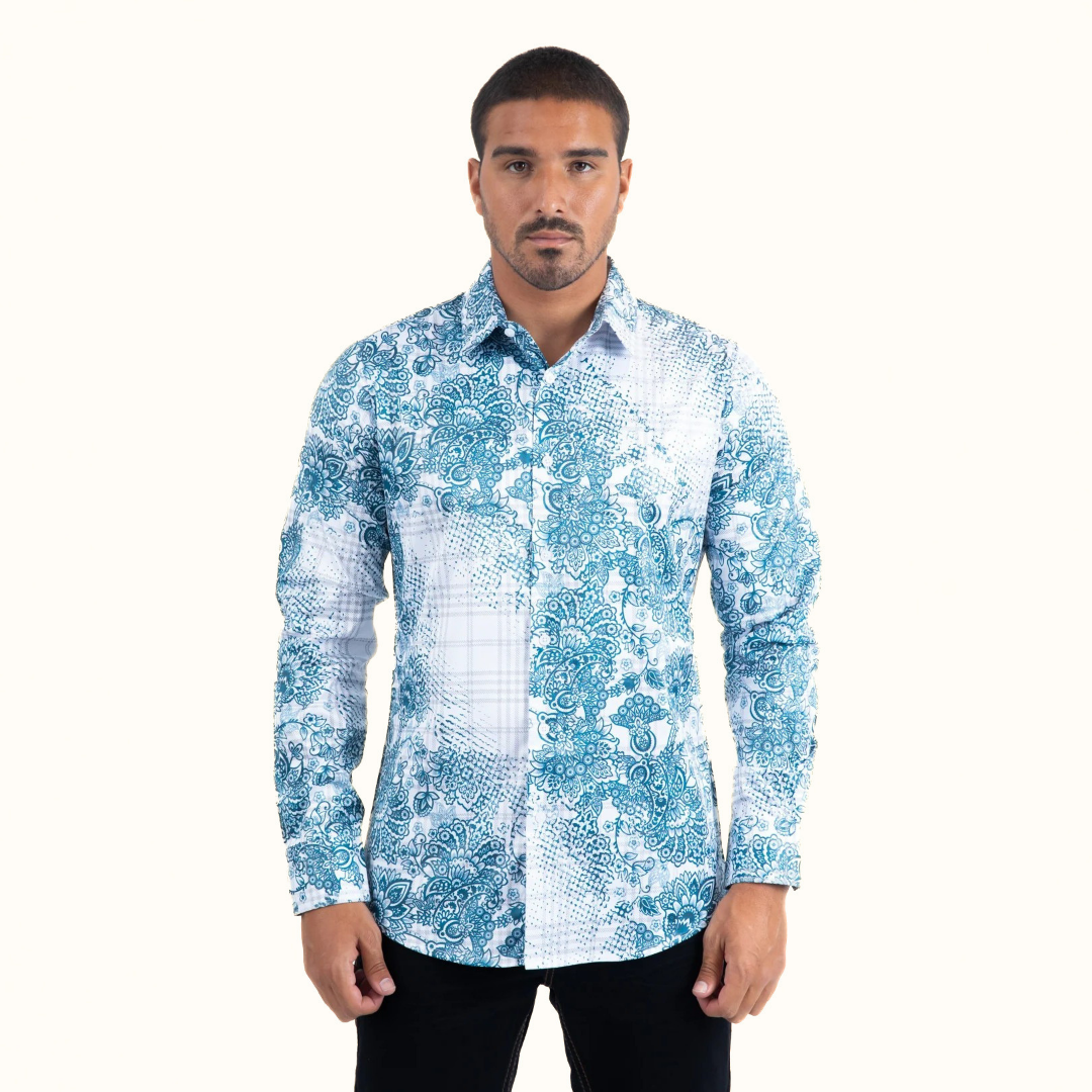 Platini Depth Geometric Foil Shirt in white and blue front view