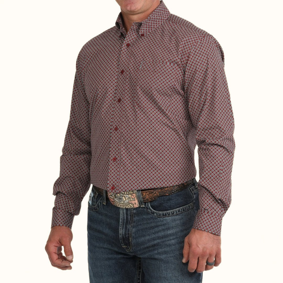 Cinch Men’s Modern Print Long Sleeve Western Shirt in burgundy front angle view