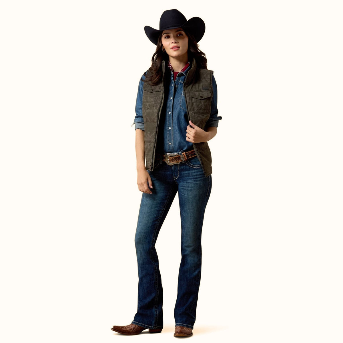 Ariat Grizzly Quilted Vest in brown front full view