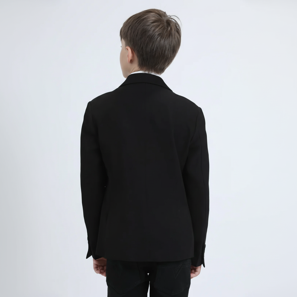 Platini Boys Double Button Black Faux-Suede Blazer back view