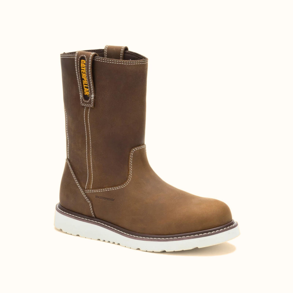 CAT Reclaimer Wedge 10-inch brown waterproof soft toe work boot side angle view