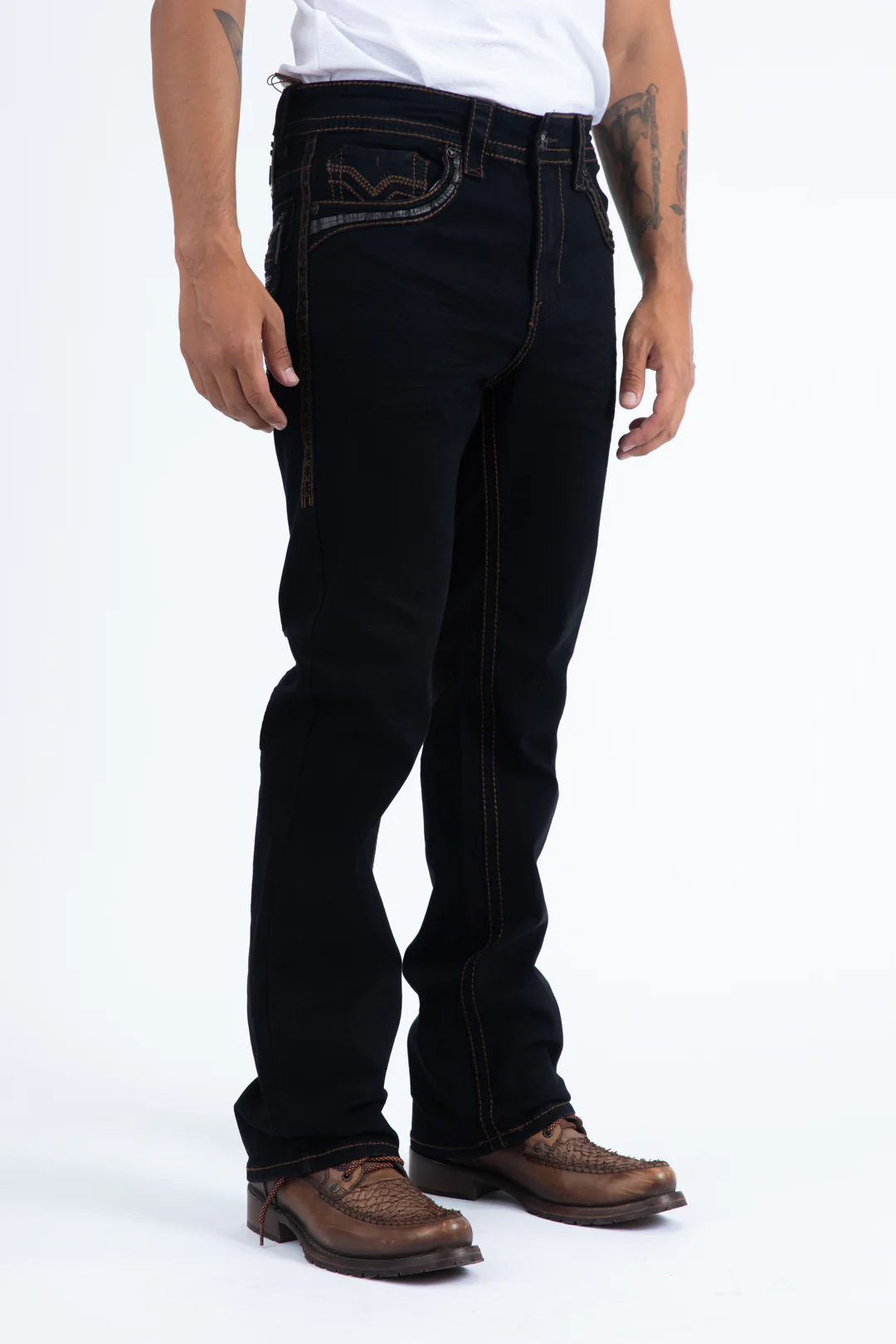 Platini Holt Men’s Black Slim Boot Cut Jeans side view on model
