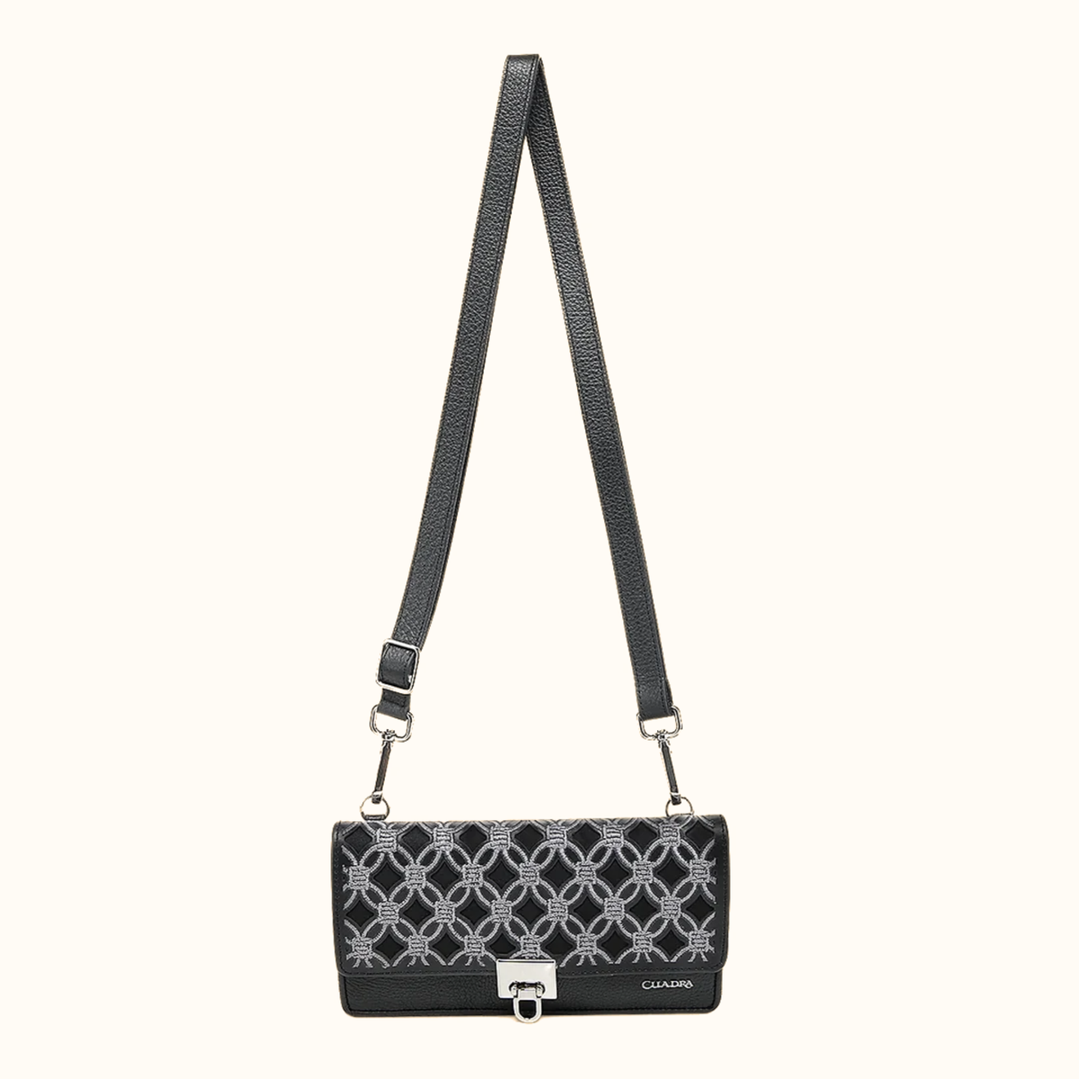 Cuadra women’s black embroidered leather wallet with strap front view
