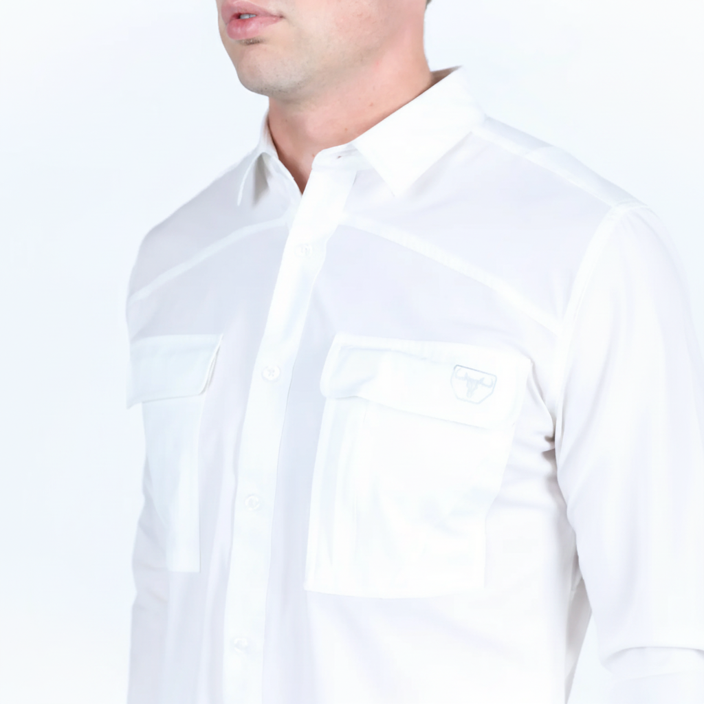 Platini Men’s Fishing White Long Sleeve Shirt front angle view