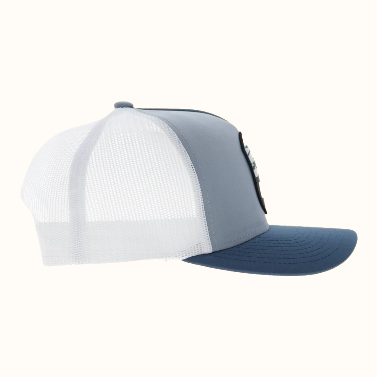 Hooey Cheyenne 5-Panel Trucker Hat in blue and white side view