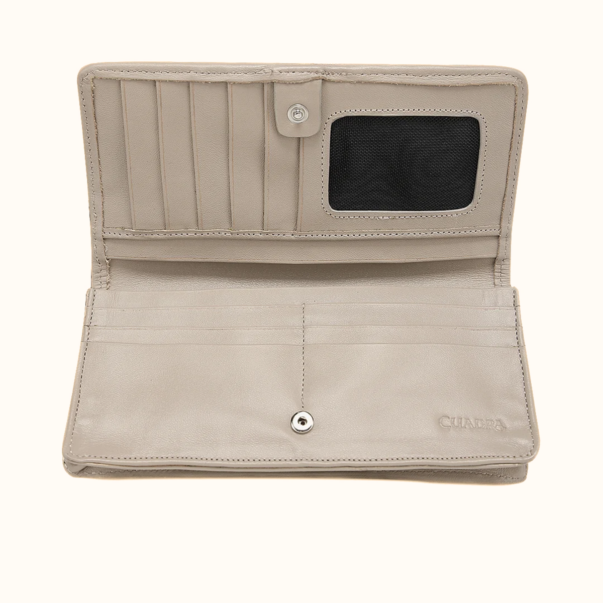 Cuadra women’s taupe embroidered leather wallet opened view