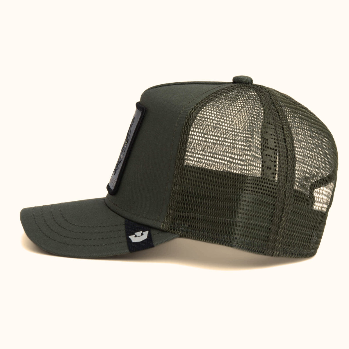 Goorin Panther olive trucker hat side view