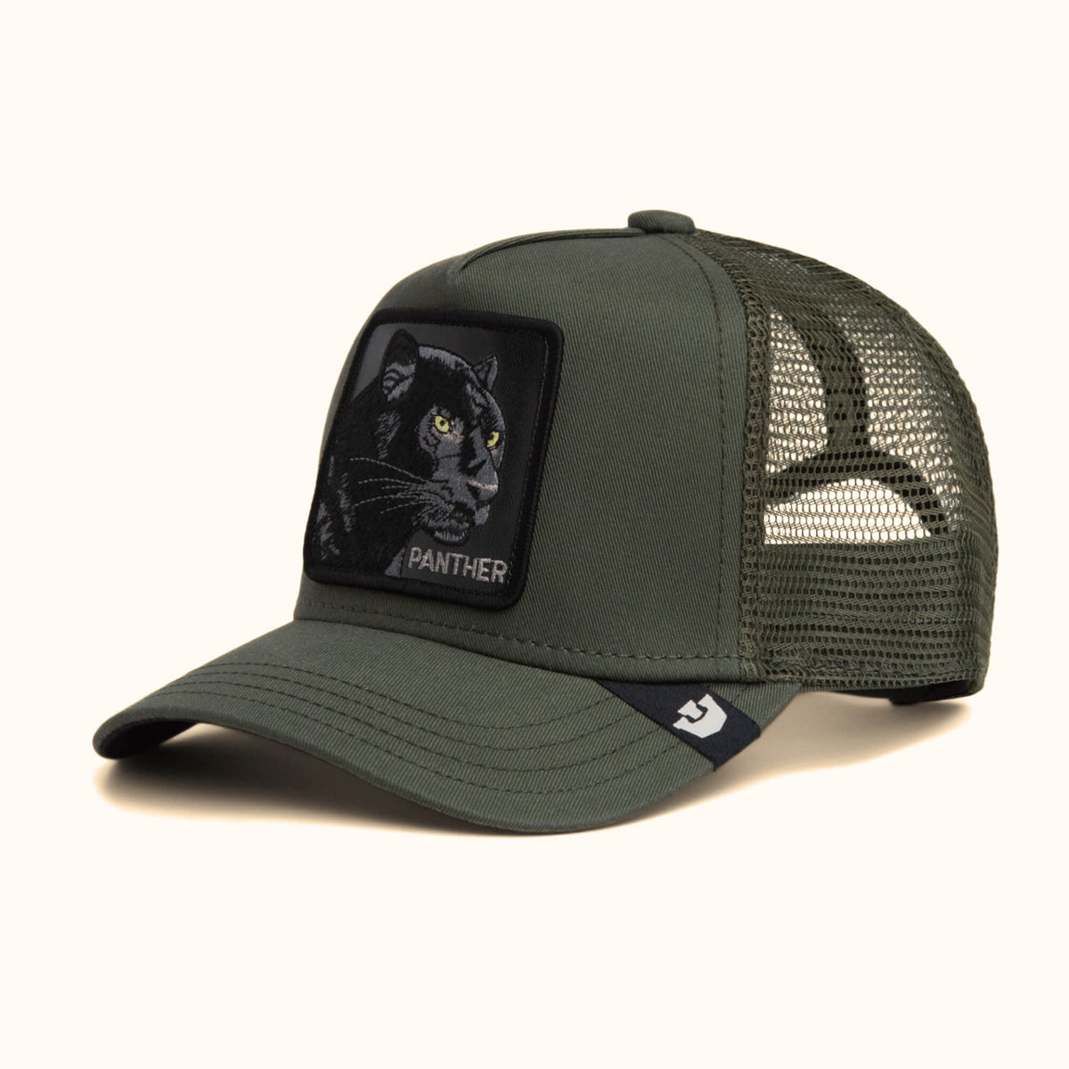 Goorin Panther olive trucker hat front angle view