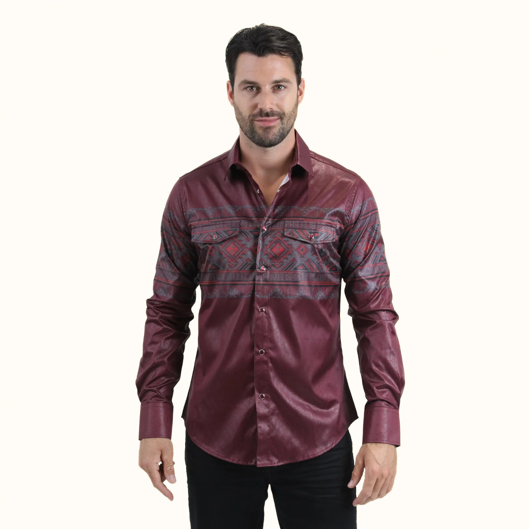 Platini Geometric Western Band Shirt in burgundy front view