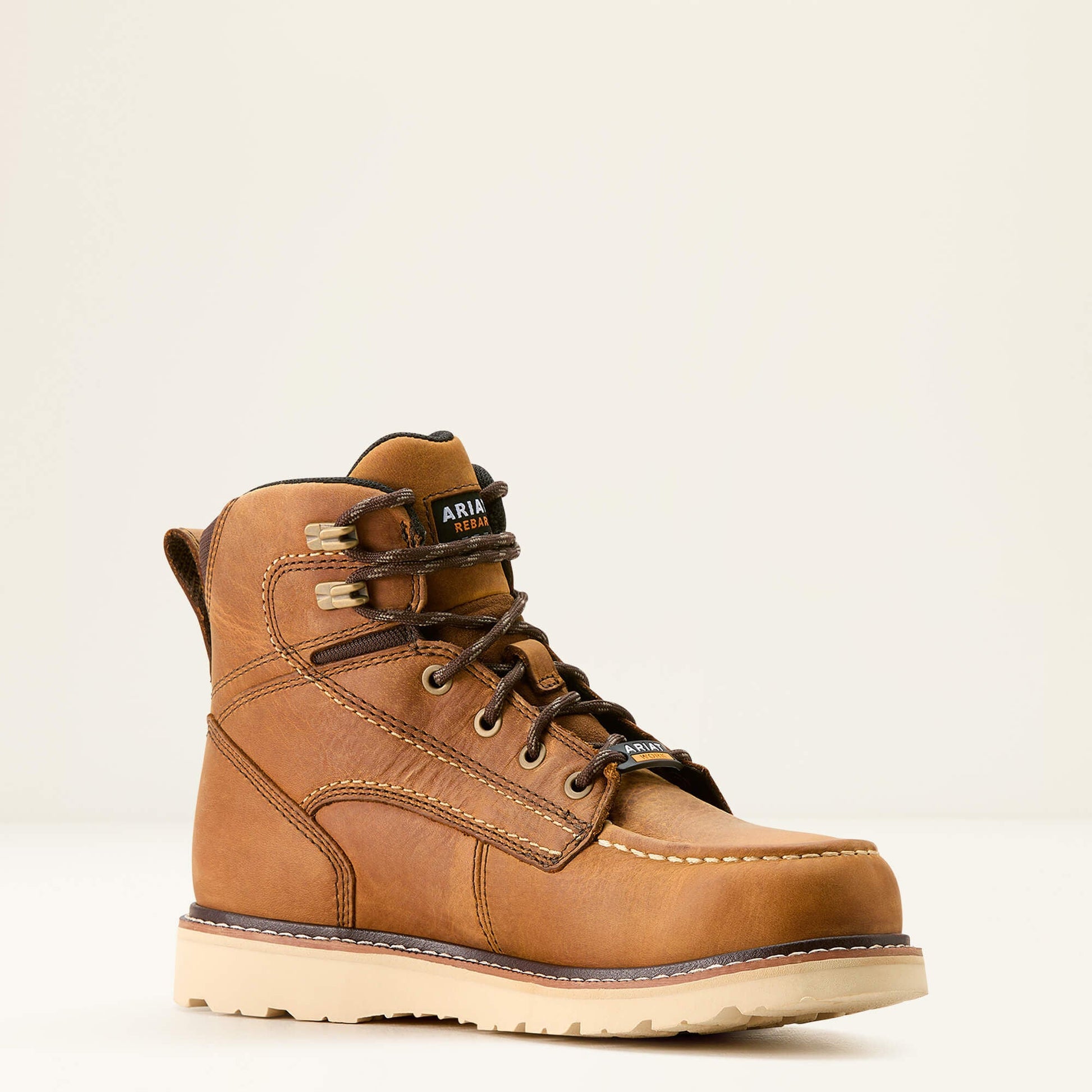 Ariat Rebar Wedge Moc Toe Waterproof Work Boot brown women’s work boot front angle view