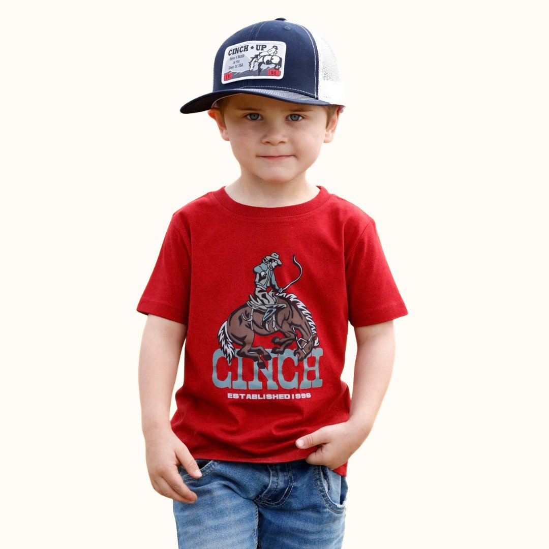 Cinch kids’ red short-sleeve T-shirt with Western rodeo graphic on front