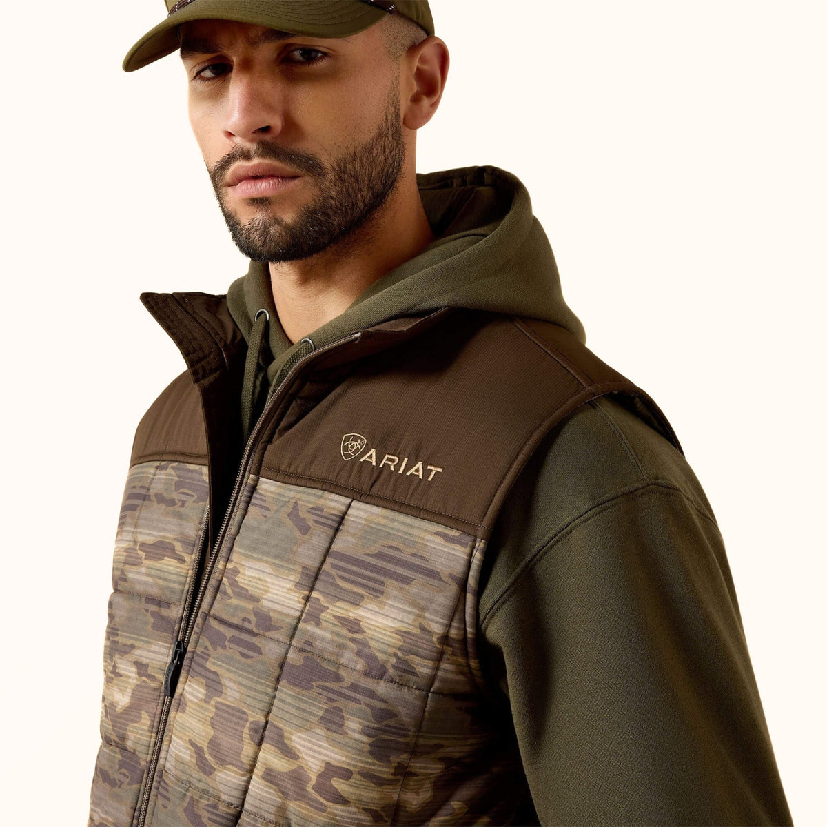 Ariat Crius Insulated Vest in camouflage front close-up view