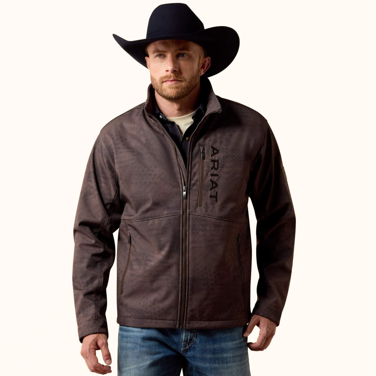 Ariat Patriot Flag brown softshell jacket front view