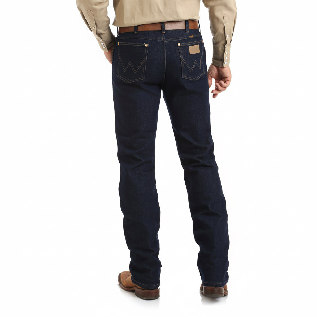 Wrangler Cowboy Cut Original Fit Active Flex Jeans back view on model in blue denim