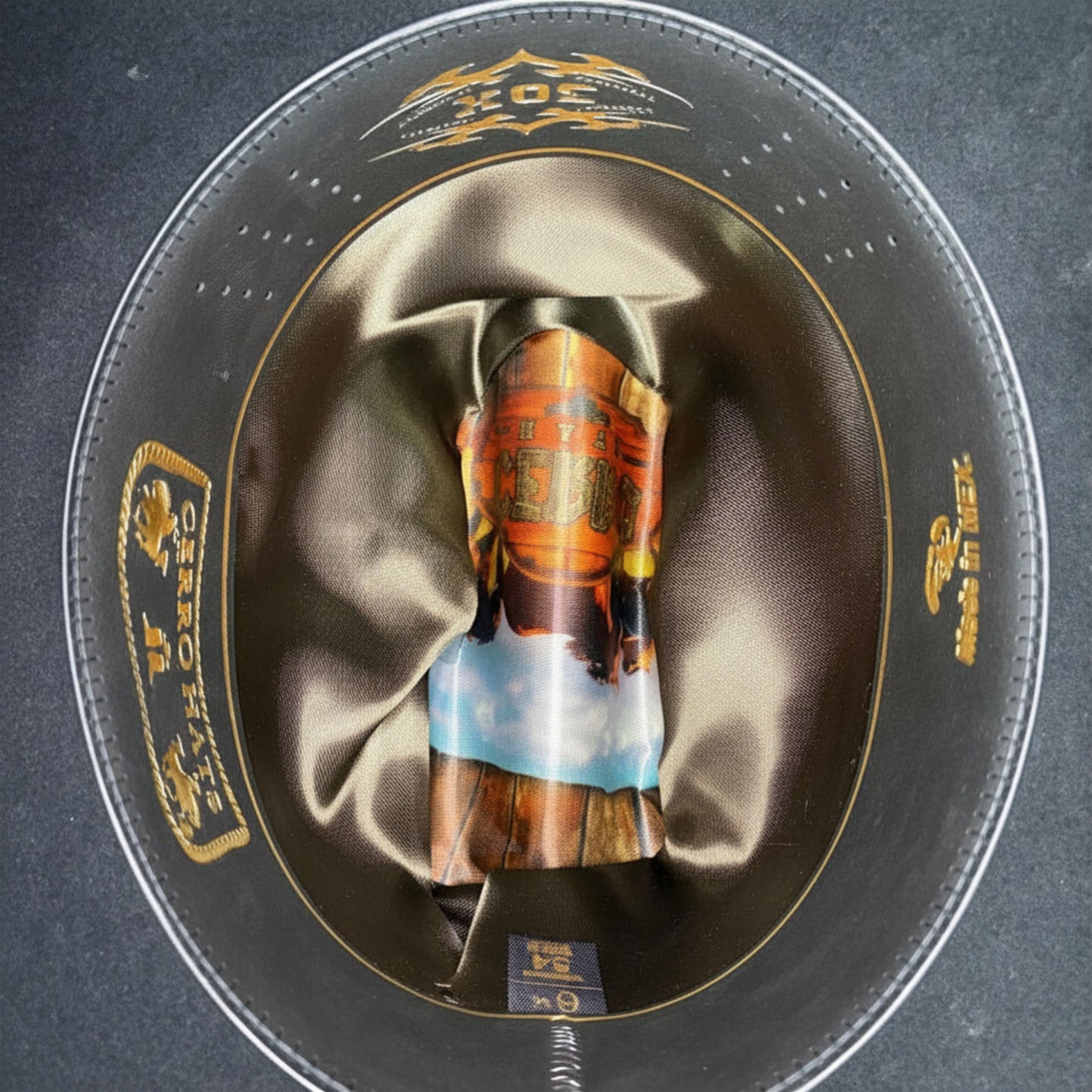 Close-up of inner branding label on Cerro 30X Sinaloa Black Cowboy Hat
