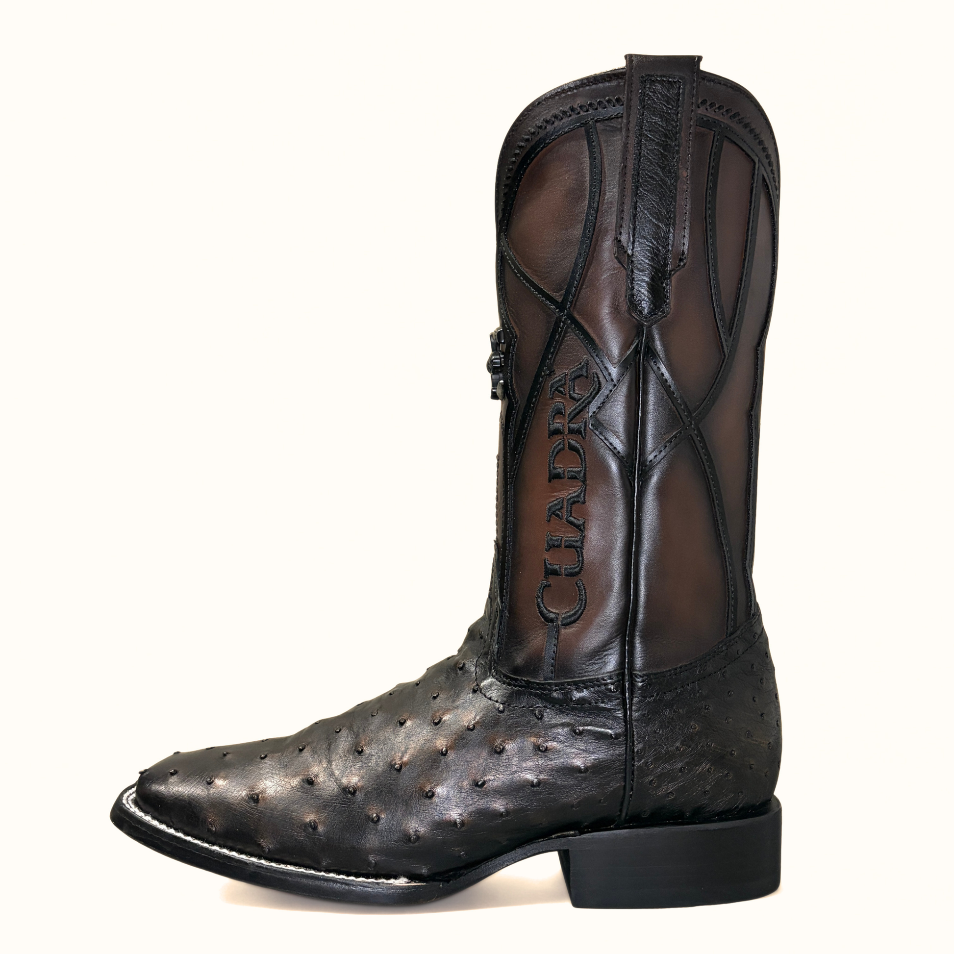Cuadra Gold Ostrich Embroidered Square Toe Boots side profile