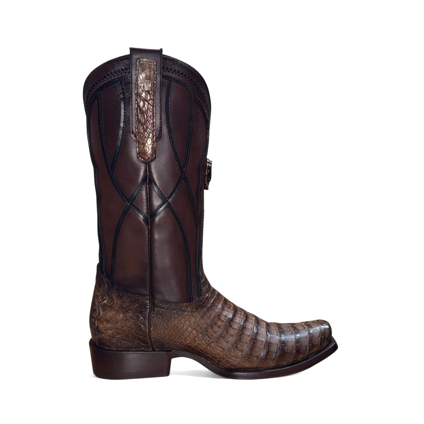 Cuadra Men’s Brown Caiman Embroidery and Woven Narrow Square Toe Boot side view in brown leather