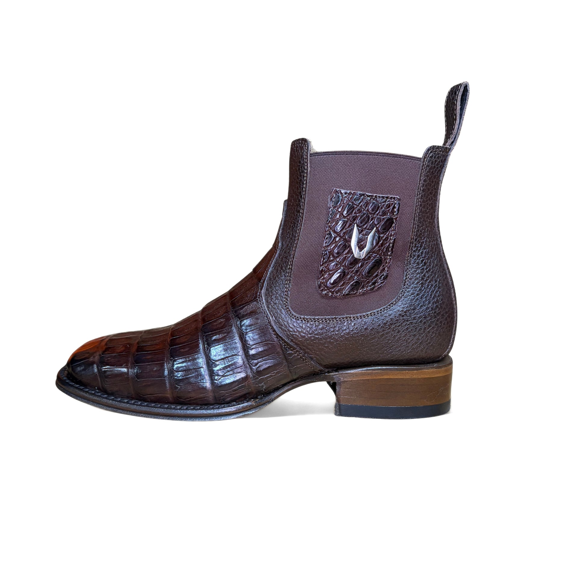 Vestigium Caiman Belly Café Boot side view in café brown exotic leather
